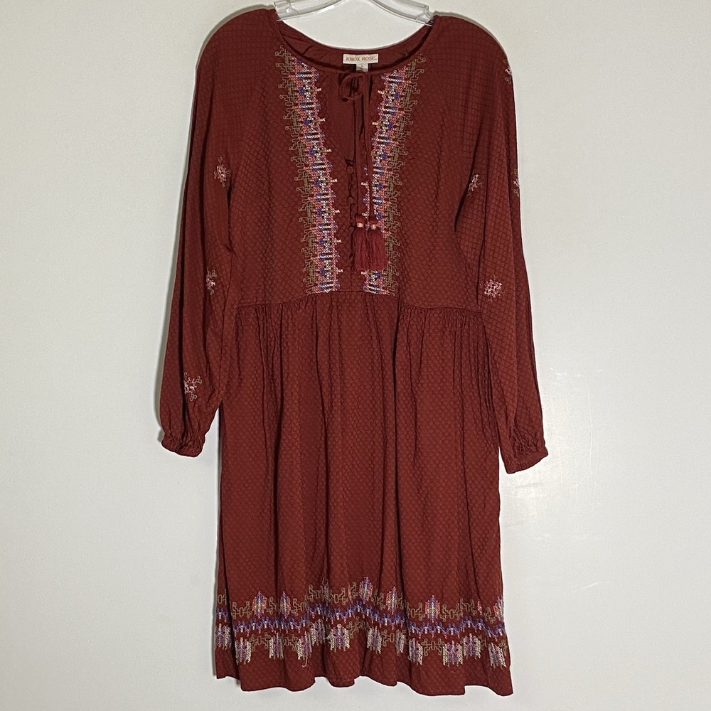 Knox Rose Dress Womens Medium Red Embroidered Tunic Pockets Boho Aztec Western M